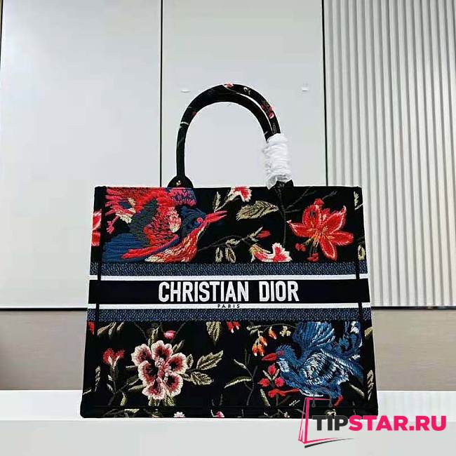 Large Dior Book Tote Black Multicolor Dior Birds Embroidery Size 42x35x18.5 cm - 1