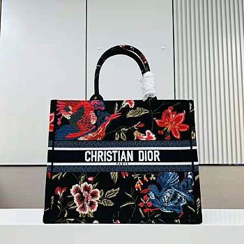 Large Dior Book Tote Black Multicolor Dior Birds Embroidery Size 42x35x18.5 cm