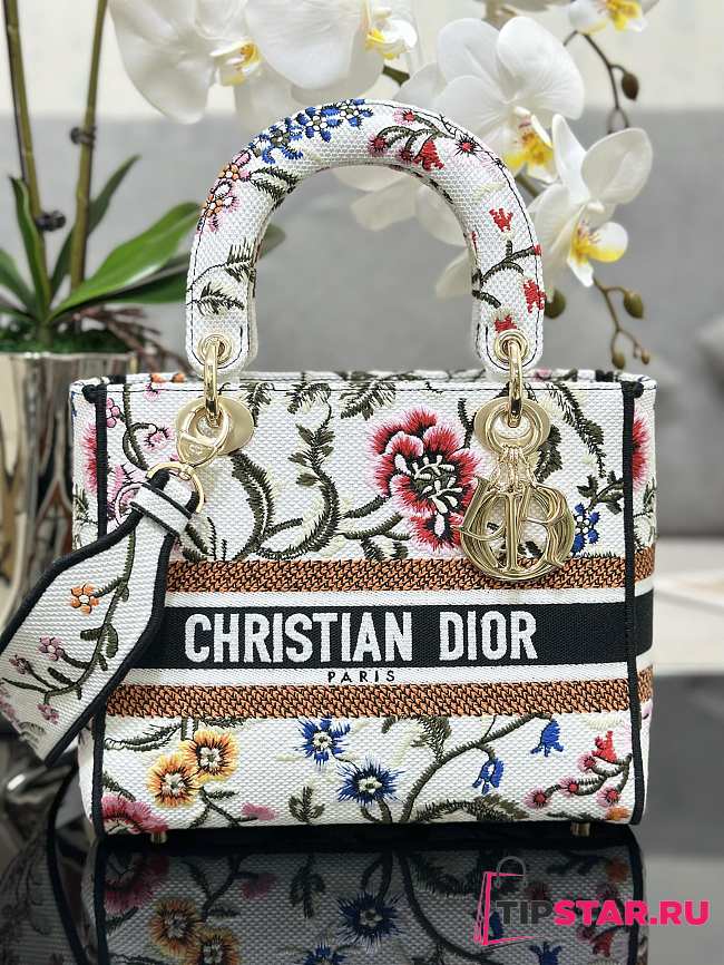 Dior Medium Lady D-lite Bag White Multicolor Dior Petites Fleurs Embroidery Size 24x20x11 cm - 1