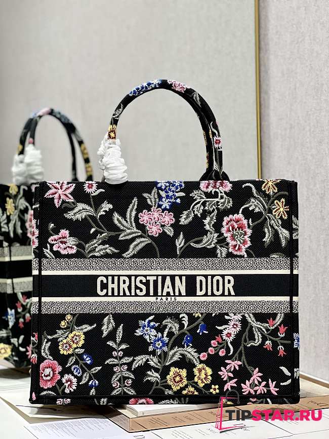 Large Dior Book Tote Black Multicolor Dior Petites Fleurs Embroidery Size 42x35x18.5 cm - 1