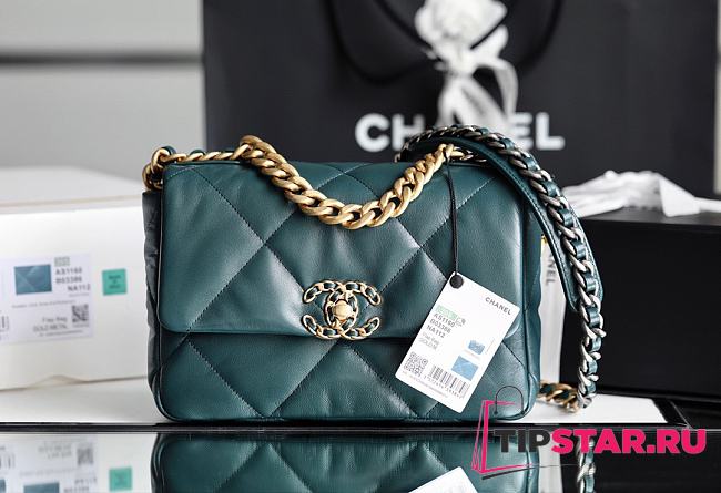 Chanel 19 Handbag Dark Green AS1160 Size 16×26×9 cm - 1