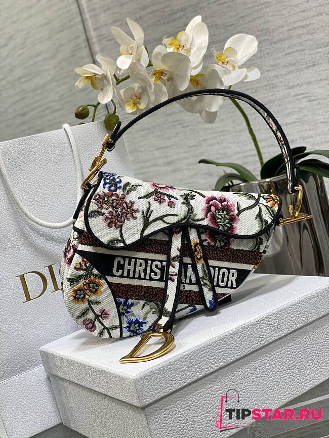 Saddle Bag White Multicolor Dior Petites Fleurs Embroidery Size 25.5x20x6.5 cm - 1