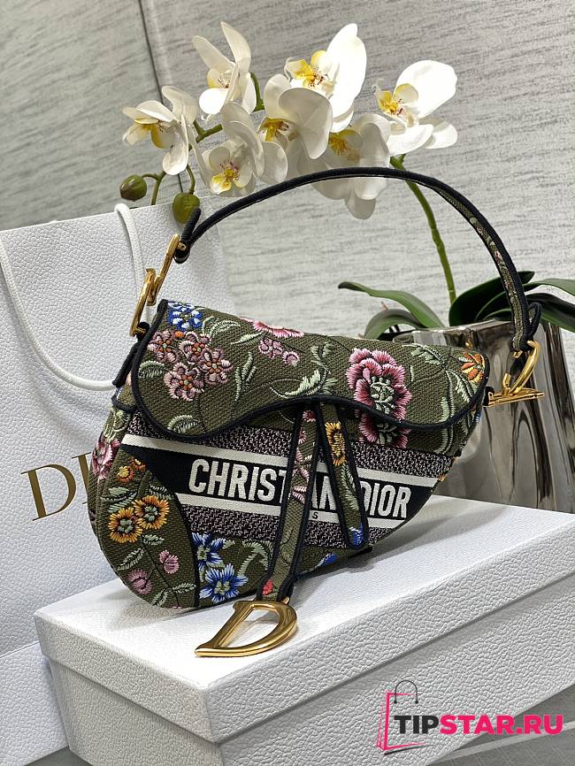 Saddle Bag Green Multicolor Dior Petites Fleurs Embroidery Size 25.5x20x6.5 cm - 1