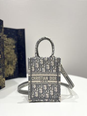 Mini Dior Book Tote Phone Bag Gray Dior Oblique Embroidery Size 13x18x5 cm