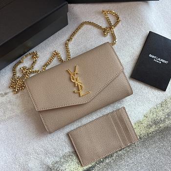 YSL Uptown Chain Wallet In Grain De Poudre Embossed Leather Taupe Size 19x12x3 cm