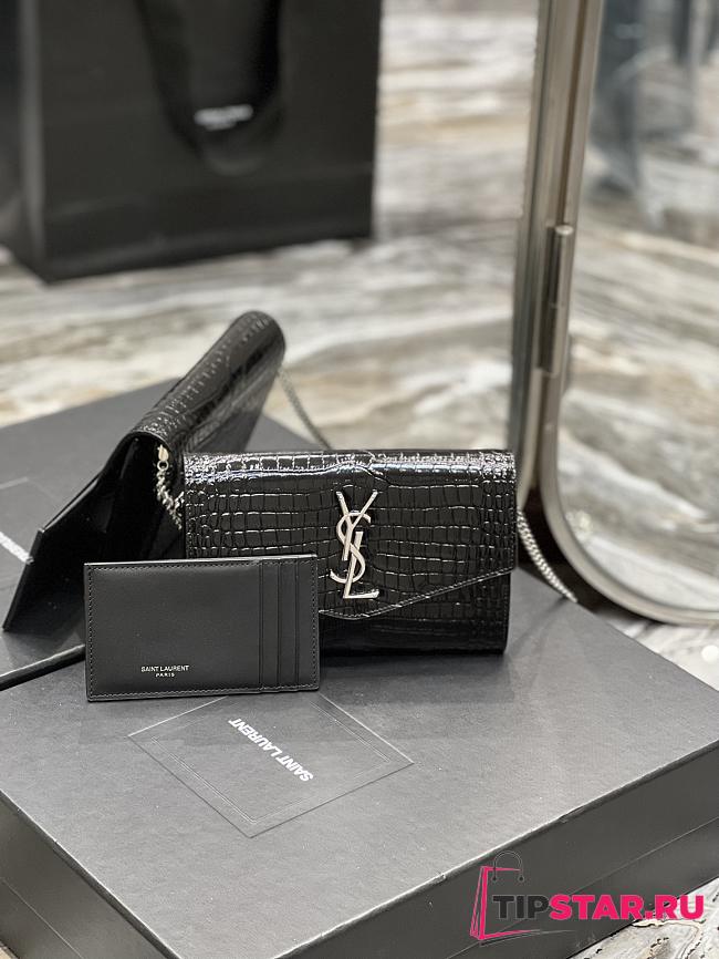YSL Uptown Chain Wallet In Crocodile-Embossed Shiny Leather Black & Silver Size 19x12x3 CM - 1