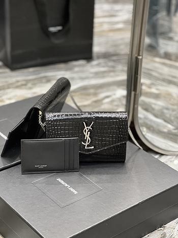 YSL Uptown Chain Wallet In Crocodile-Embossed Shiny Leather Black & Silver Size 19x12x3 CM