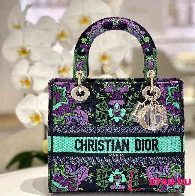 Dior Medium Lady D-Lite Bag Multicolor Dior Indian Purple Embroidery Size 24 x 20 x 11 cm - 1
