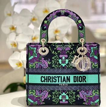 Dior Medium Lady D-Lite Bag Multicolor Dior Indian Purple Embroidery Size 24 x 20 x 11 cm