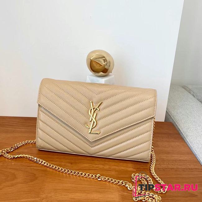 YSL Cassandre Matelassé Chain Wallet In Grain De Poudre Embossed Leather Beige Size 22,5x14x4 cm - 1