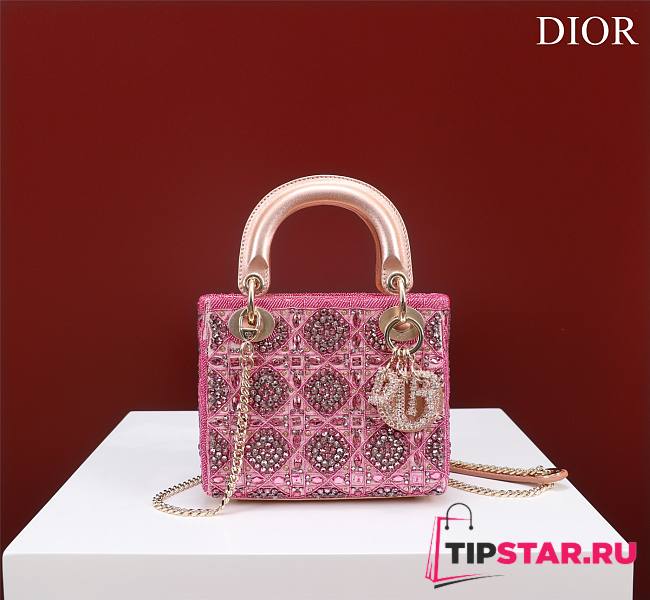 Mini Lady Dior Bag Metallic Calfskin and Satin with Rose Des Vents Resin Pearl Embroidery Size 17 x 15 x 7 cm - 1