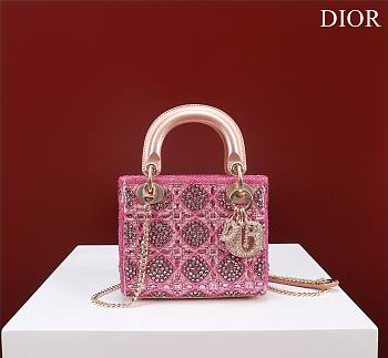 Mini Lady Dior Bag Metallic Calfskin and Satin with Rose Des Vents Resin Pearl Embroidery Size 17 x 15 x 7 cm
