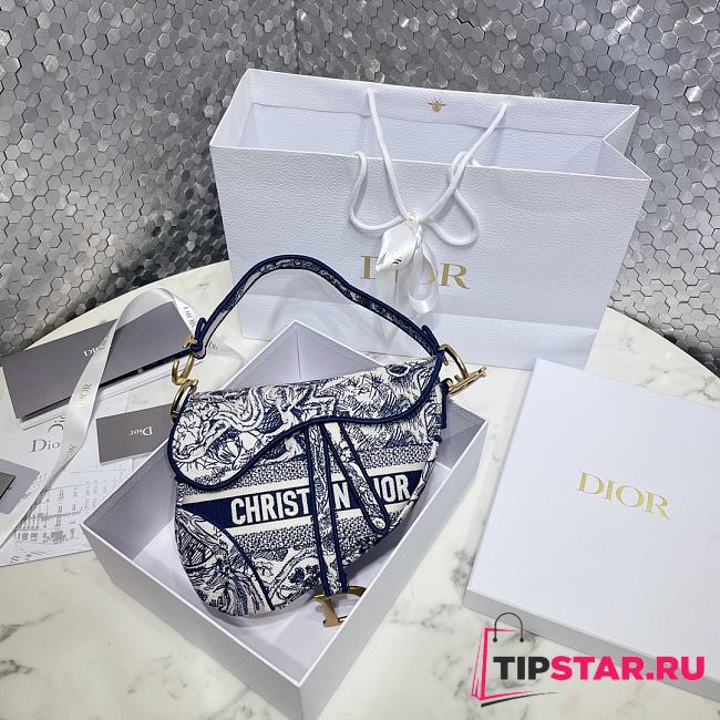 Dior Saddle Bag Blue Toile de Jouy Embroidery Size 25.5 x 20 x 6.5 cm