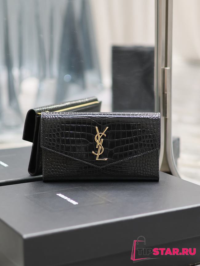 YSL Uptown Large Wallet In Crocodile Embossed Shiny Leather Noir Size 21,5 X 12 X 2,5 CM - 1