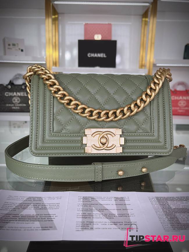 Chanel Boy Bag Dark Green Gold Hardware Size 12x20x7cm - 1
