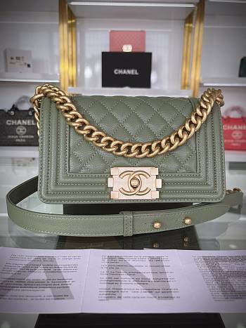 Chanel Boy Bag Dark Green Gold Hardware Size 12x20x7cm