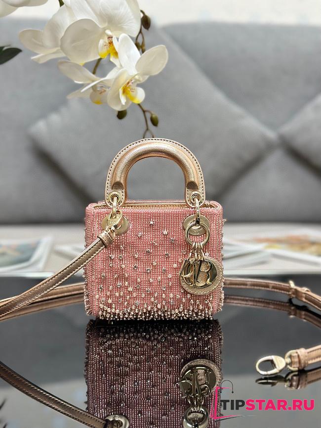 Dior Lady Micro Bag Powder Pink Satin Embroidered with Gradient Beads Size 12 x 10.2 x 5 cm - 1