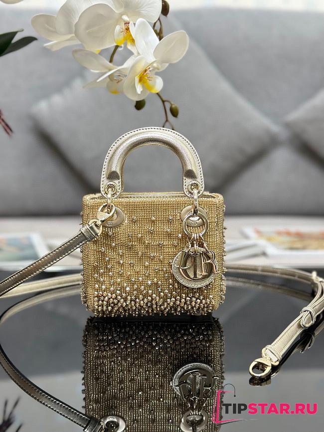 Dior Lady Micro Bag Gold Tone Satin With Gradient Bead Embroidery Size 12 x 10.2 x 5 cm - 1