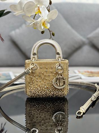 Dior Lady Micro Bag Gold Tone Satin With Gradient Bead Embroidery Size 12 x 10.2 x 5 cm