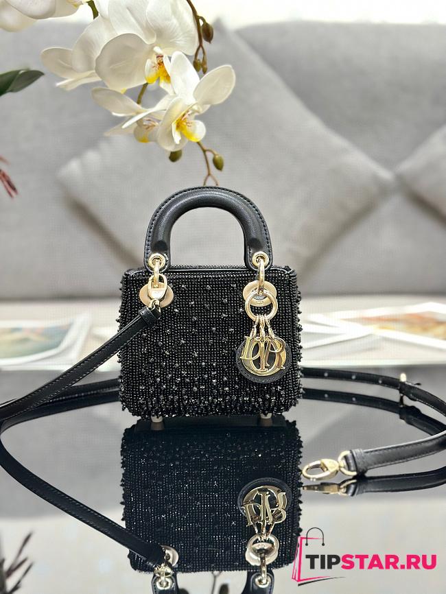 Dior Lady Micro Bag Black Satin Embroidered with Beads Size 12 x 10.2 x 5 cm - 1