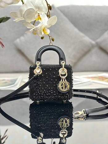 Dior Lady Micro Bag Black Satin Embroidered with Beads Size 12 x 10.2 x 5 cm