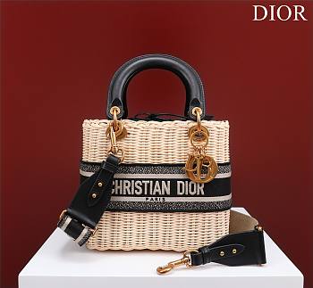 Dior Medium Lady Bag Natural Wicker and Blue Dior Oblique Jacquard Size 24 x 20 x 11 cm