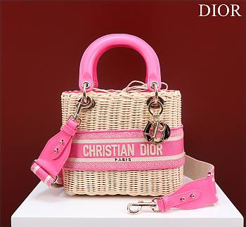 Dior Medium Lady Bag Natural Wicker And Fluorescent Pink Dior Oblique Jacquard Size 24 x 20 x 11 cm