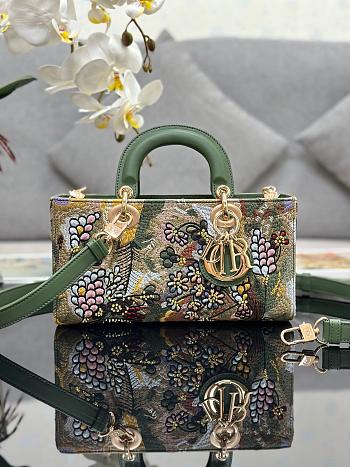 Dior Medium Lady D-Joy Bag Green Multicolor Lily and Bead Embroidery Size 26 x 13.5 x 5 cm