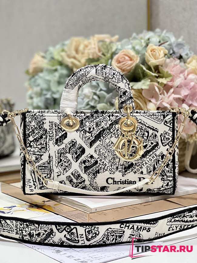 Dior Medium Lady D-Joy Bag White and Black Plan de Paris Printed Calfskin Size 26 x 13.5 x 5 cm - 1