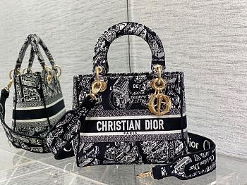 Dior Medium Lady D-lite Bag Black and White Plan de Paris Embroidery Size 24 x 20 x 11 cm