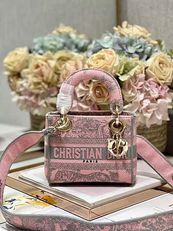 Mini Lady D-Lite Bag Pink and Gray Toile de Jouy Sauvage Size 17 x 15 x 7 cm