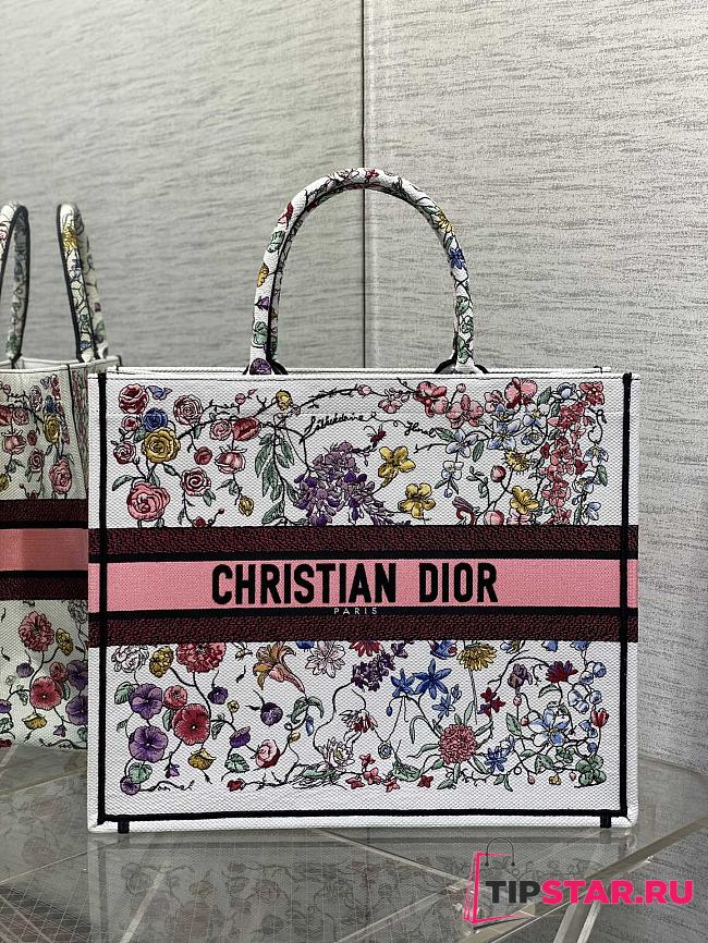 Large Dior Book Tote White Multicolor Florilegio Embroidery Size 42*18*35cm - 1
