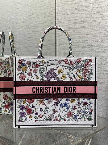 Large Dior Book Tote White Multicolor Florilegio Embroidery Size 42*18*35cm