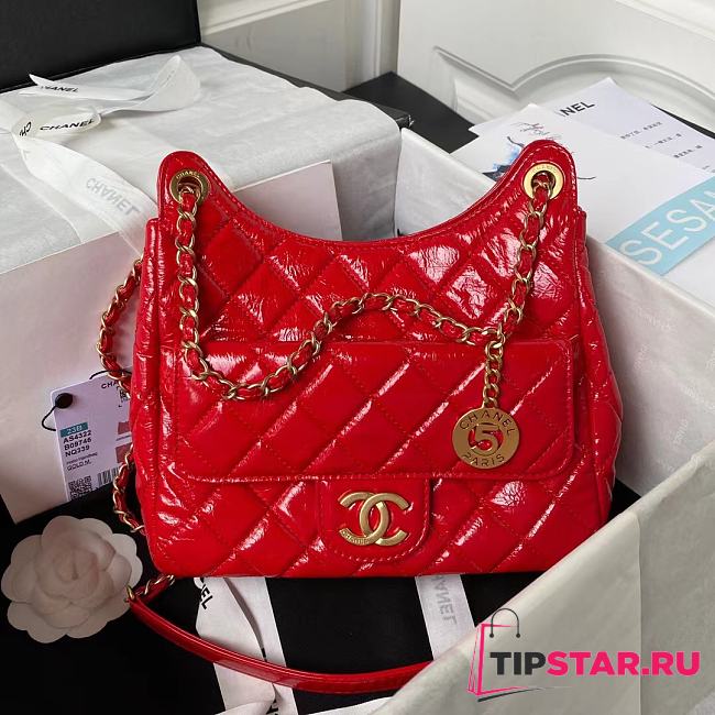 Chanel Hobo Handbag Shiny Crumpled Calfskin Red AS4322 Size 21.5 × 22.5 × 7 cm - 1