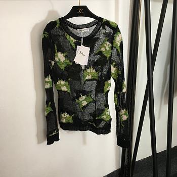 Dior Sweater Black and Green Technical Cashmere Mohair and Alpaca Knit with Blurred Flowers Motif