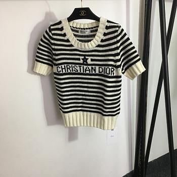 Dior Mariniere Short-Sleeved Sweater Ecru and Black Technical Cotton, Wool and Mohair Knit with Signature