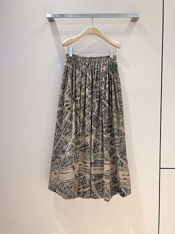 Dior Mid-Length Pleated Skirt Beige and Black Cotton Voile with Plan de Paris Motif