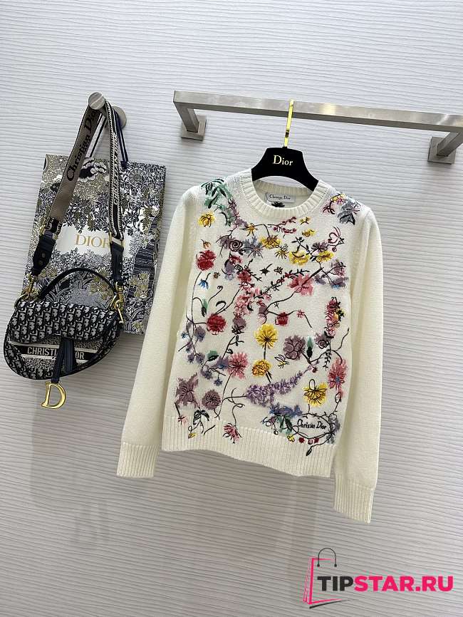 Dior Embroidered Sweater White Cashmere Knit with Red Multicolor Florilegio Motif Beige/Gray - 1