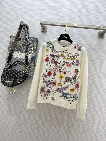 Dior Embroidered Sweater White Cashmere Knit with Red Multicolor Florilegio Motif Beige/Gray
