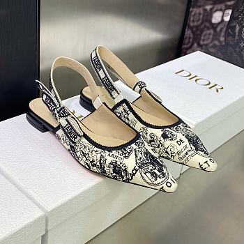 J'Adior Slingback Flat White and Black Cotton Embroidered with Plan de Paris Motif