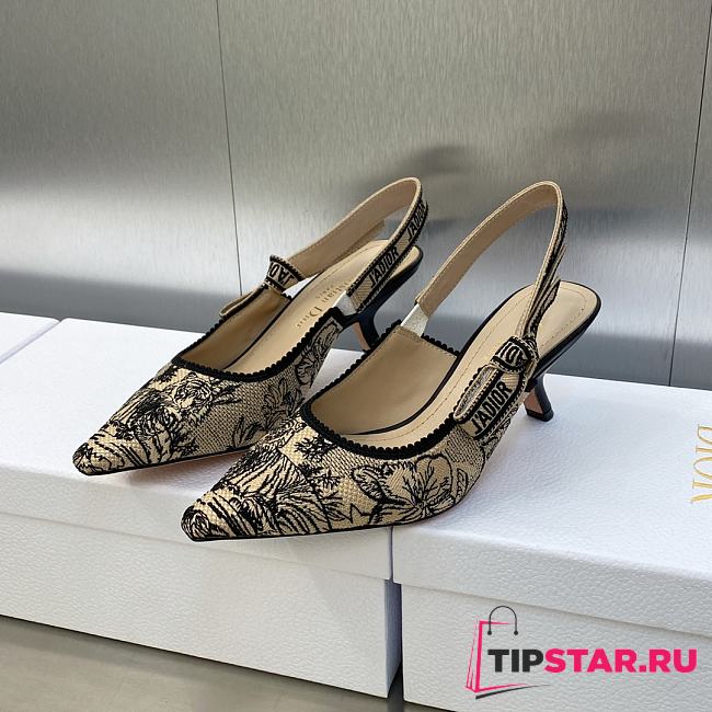 J'Adior Slingback Pump Beige and Black Embroidered Cotton with Toile de Jouy Voyage Motif 6.5cm - 1
