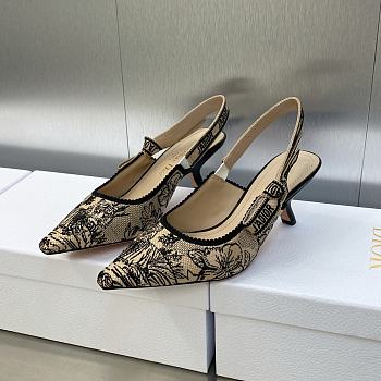 J'Adior Slingback Pump Beige and Black Embroidered Cotton with Toile de Jouy Voyage Motif 6.5cm