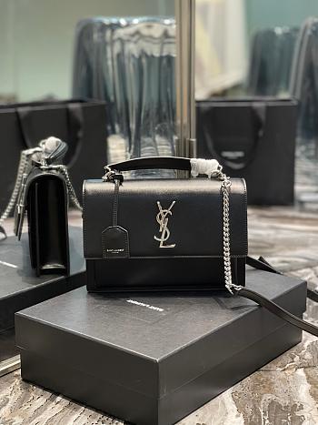 YSL Sunset Top Handle In Smooth Leather Black With Silver Chain Size 25x18x5cm