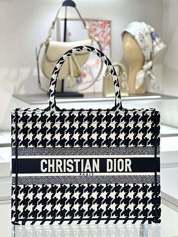 Medium Dior Book Tote Black and White Macro Houndstooth Embroidery Size 36 x 27.5 x 16.5 cm