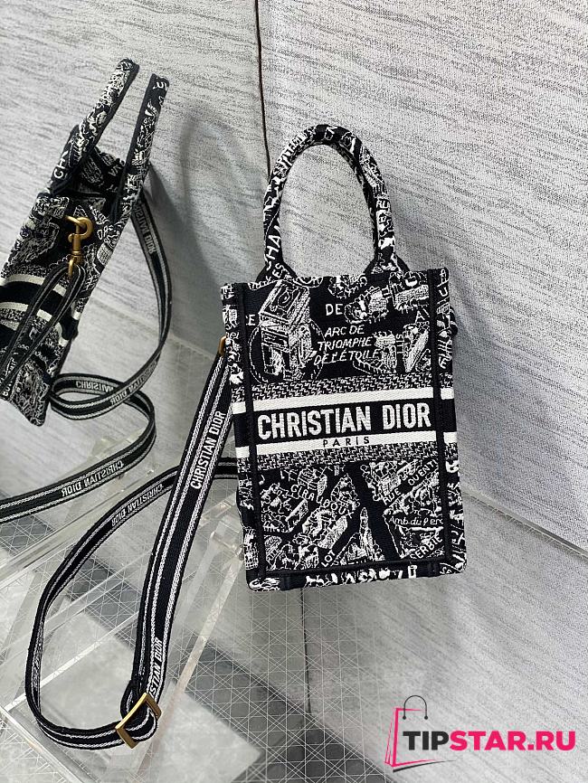 Mini Dior Book Tote Phone Bag Black and White Plan de Paris Embroidery Size 13 x 18 x 5 cm - 1