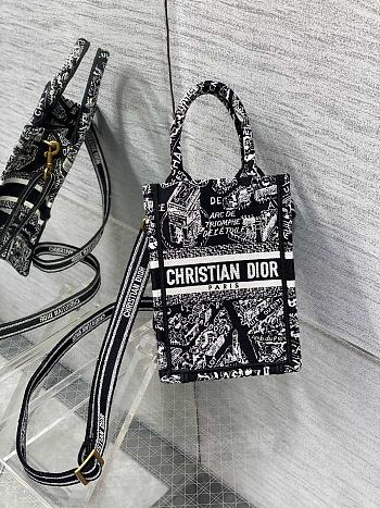 Mini Dior Book Tote Phone Bag Black and White Plan de Paris Embroidery Size 13 x 18 x 5 cm