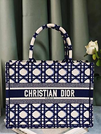 Large Dior Book Tote Beige and Blue Macrocannage Embroidery Size 42 x 35 x 18.5 cm