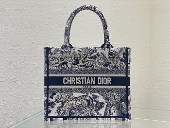 Small Dior Book Tote White and Navy Blue Toile de Jouy Embroidery Size 26.5 x 21 x 14 cm