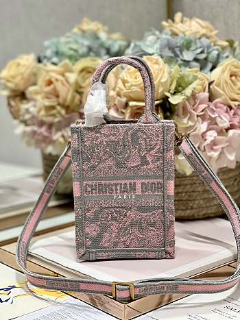 Mini Dioriviera Dior Book Tote Phone Bag Gray and Pink Toile de Jouy Reverse Embroidery Size 13 x 18 x 5 cm