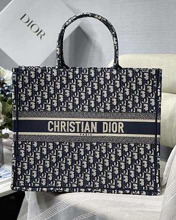 Large Dior Book Tote Ecru and Blue Dior Oblique Embroidery Size 42 x 35 x 18.5 cm